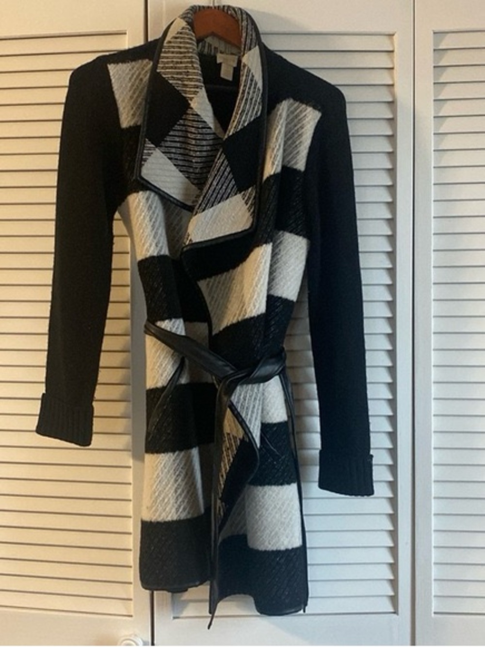 Chico's Black and White Checkered Drape Cardigan with Belt